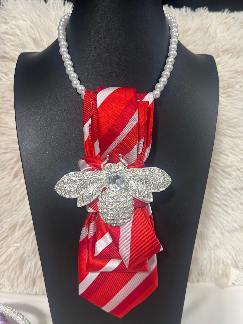 Red Striped Statement Scarf Necklace with Crystal Bee Brooch